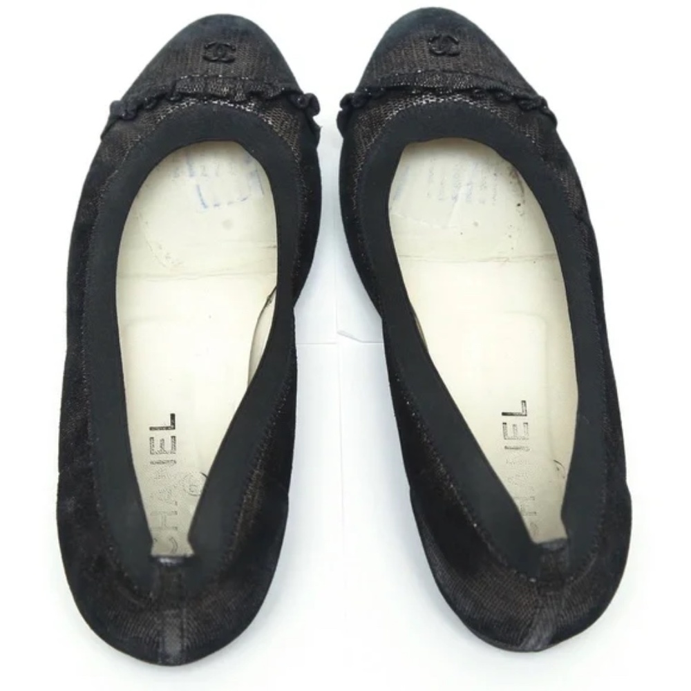 CHANEL Ballet Flats Ruffles Metallic Black Copper CC Logo Stretch Spirit Sz 39.5 - Picture 9 of 10
